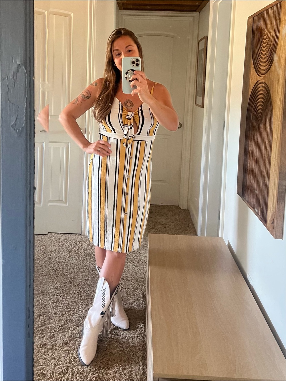 Striped Tie-Front Soft Lightweight Knit Sundress in Yellow and White Large